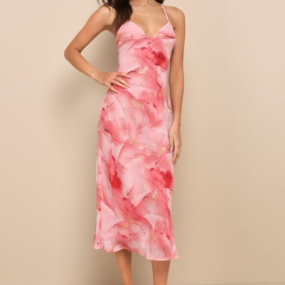 Lulus Bright Charm Pink Abstract Print Chiffon Slip Midi Dress - Size XL - Picture 1 of 1